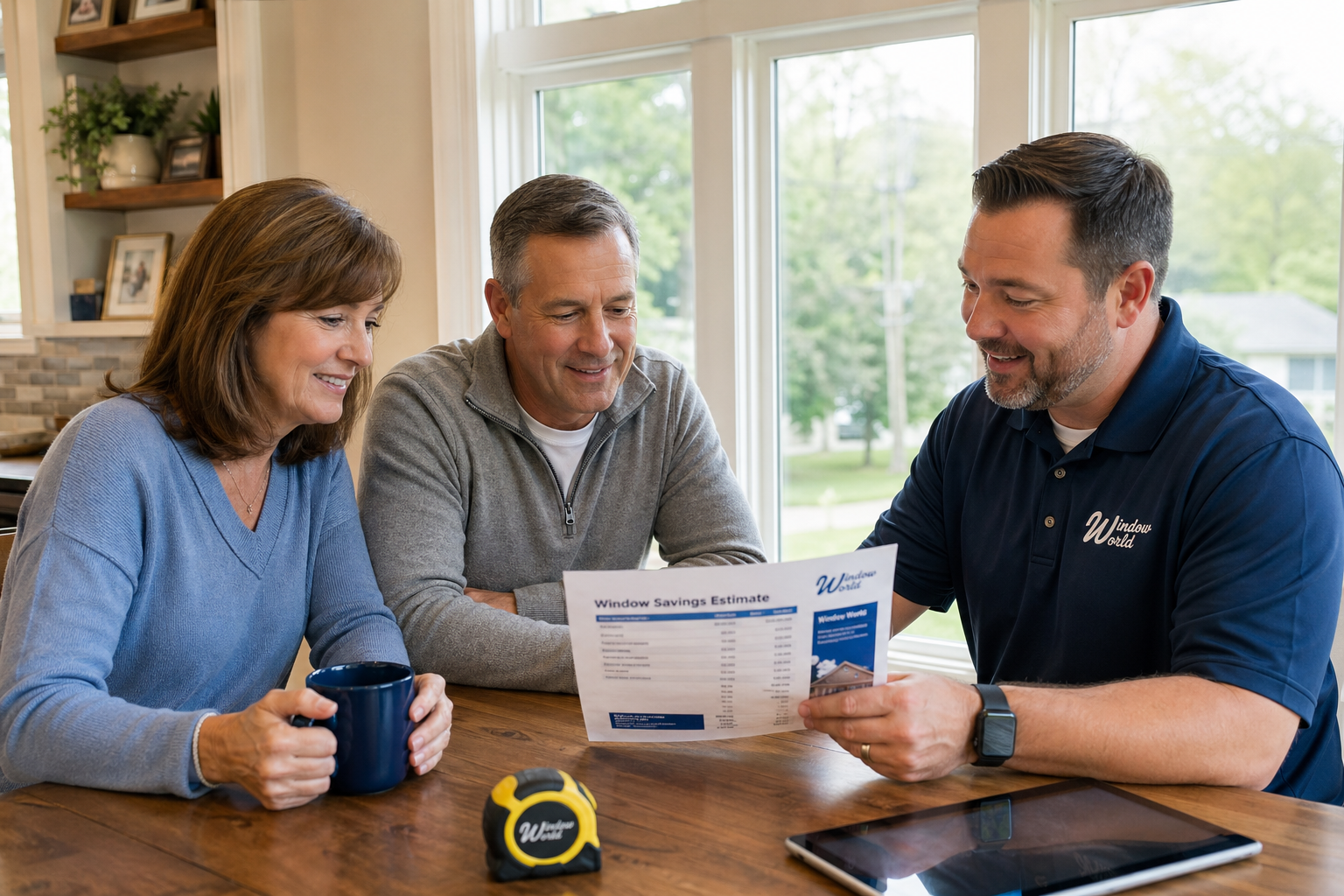 Homeowners reviewing a window estimate with a local specialist